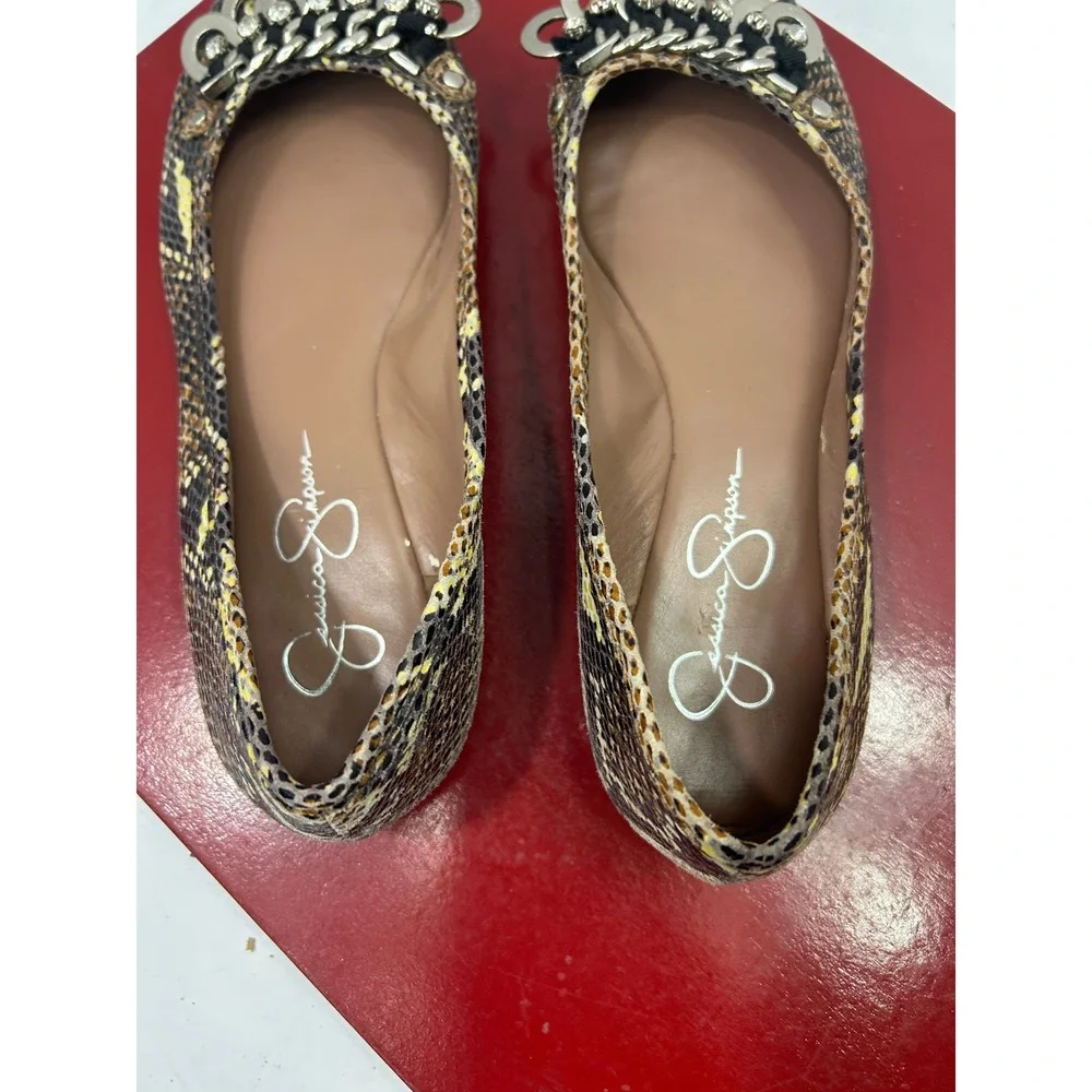 Jessica Simpson Snakeskin Ballet Flat 7B Brown Yellow Chain Rhinestone Glam Edgy